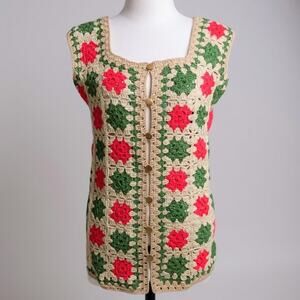 Vintage Tan Pink Green Granny Square 70s Crocheted Button Front Vest Sweater S/M